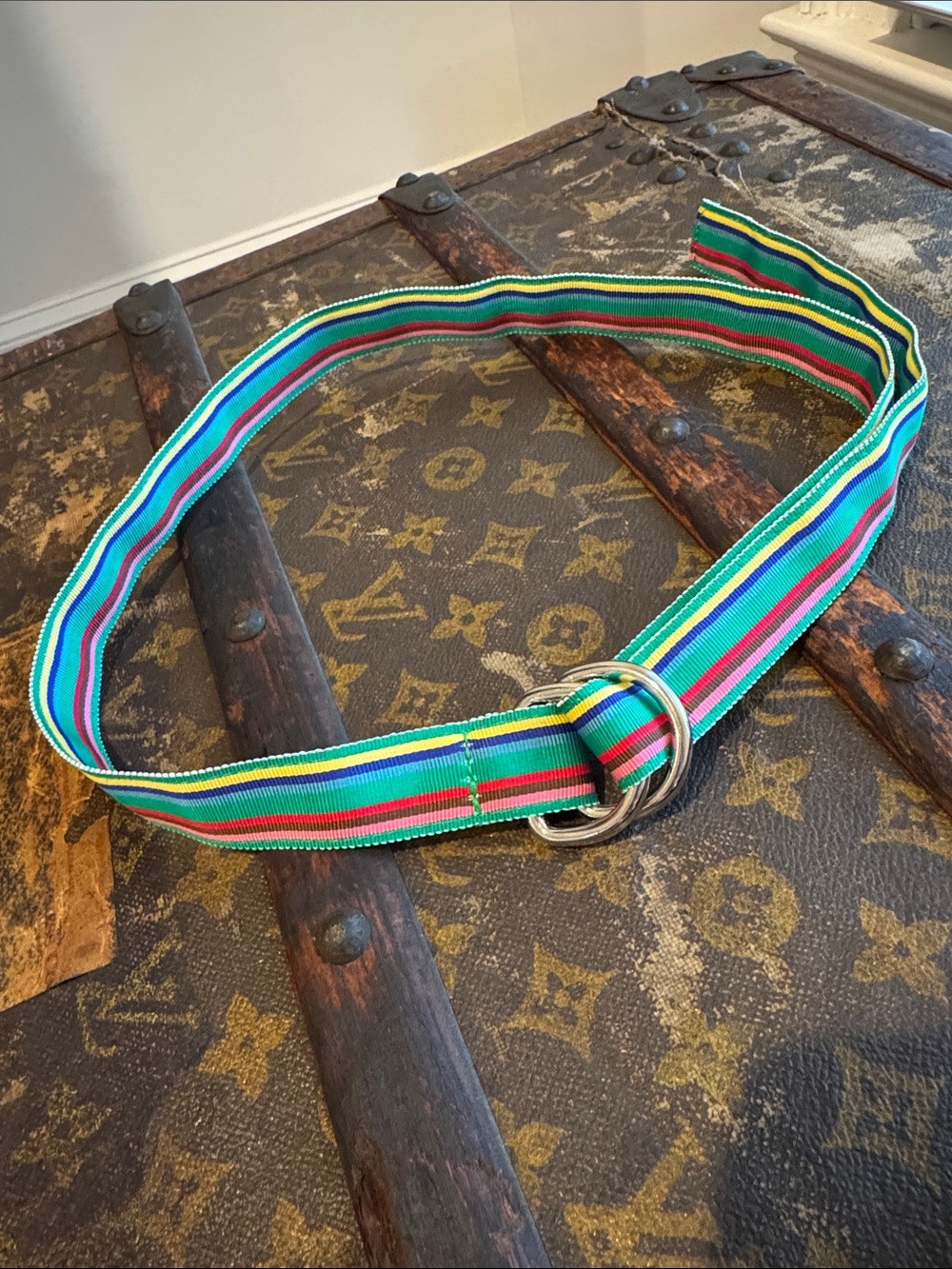 J. Crew Multicolor Striped Ribbon Belt with Silver Rings